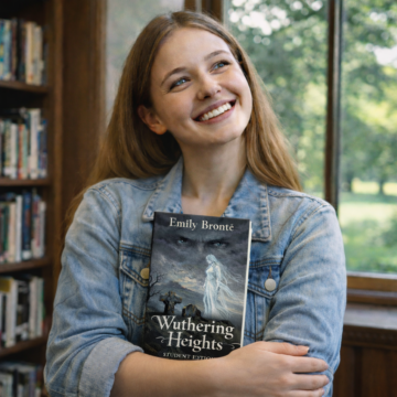smiling female student hugging Wuthering Heights student edition book in library with window view