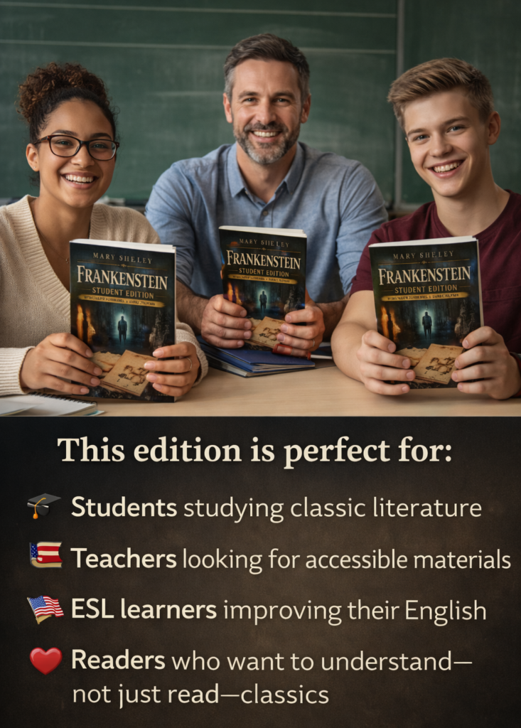Students and teacher holding Frankenstein Student Edition book in classroom, perfect for studying classic literature and ESL learning