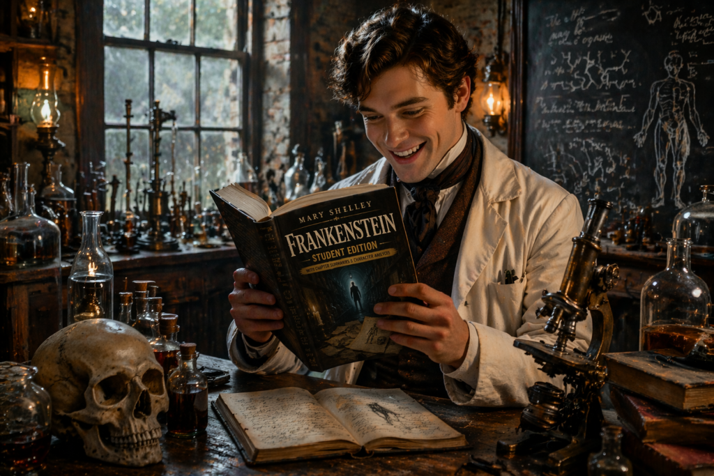 Young scientist in a 19th century laboratory happily reading Frankenstein Student Edition surrounded by scientific tools and books